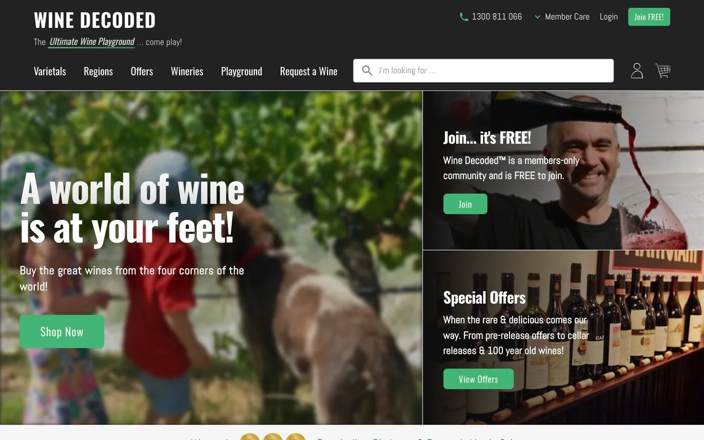 The Wine Decoded homepage, with the members-only join panel and special offers alongside the main hero