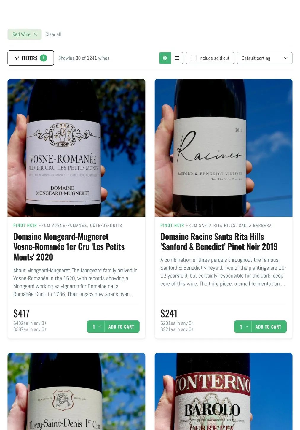 The Wine Decoded shop on an iPad, showing the filter button, the live result count and the wine list